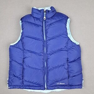 LL Bean Down Puffer Vest Womens Small Two Tone Blue Reversible Pockets *stain*‎